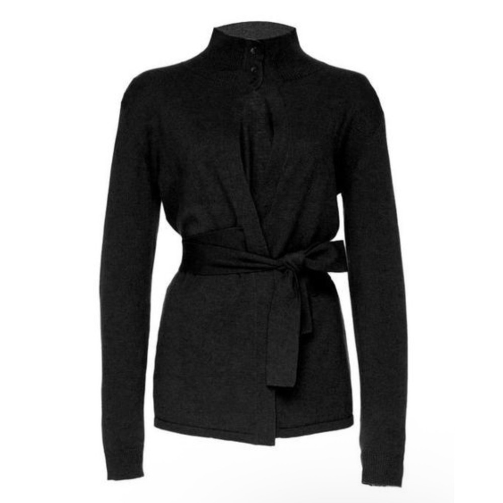 Palmer Harding Womens Black‎ Cashmere Silk Wrap Mock Neck Tie Cardigan Sweater L